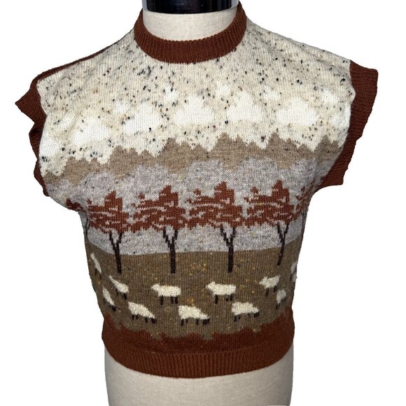 e.v.ltd Sweaters - Vintage Sheep Wool Sweater Vest Sz L Brown Trees Grannycore Grandma Cottagecore